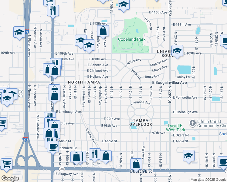 map of restaurants, bars, coffee shops, grocery stores, and more near 10106 North 15th Street in Tampa