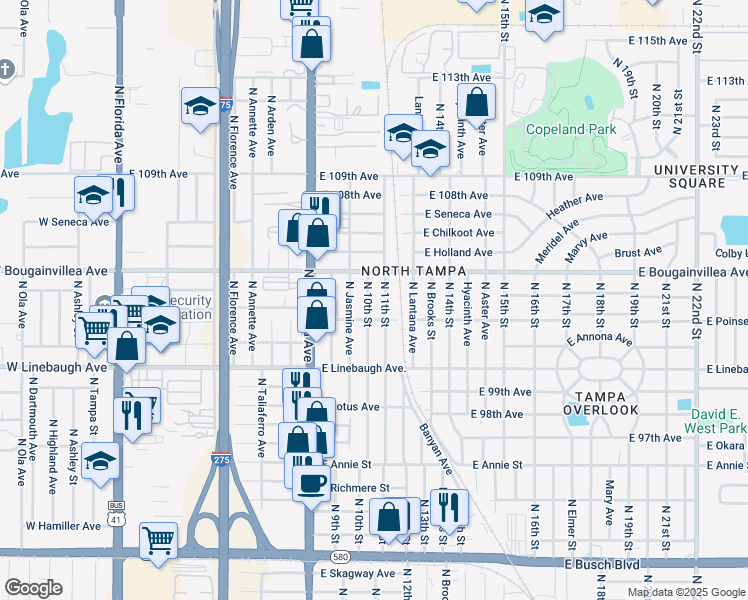 map of restaurants, bars, coffee shops, grocery stores, and more near 10110 North 10th Street in Tampa