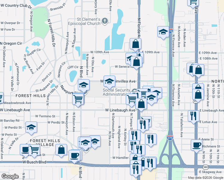 map of restaurants, bars, coffee shops, grocery stores, and more near 10112 North Ola Avenue in Tampa