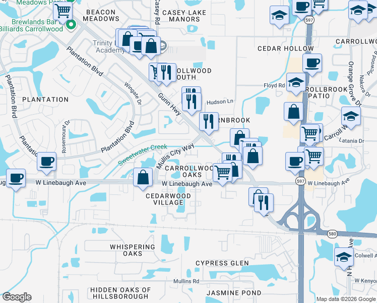 map of restaurants, bars, coffee shops, grocery stores, and more near 10110 Abingdon Place in Tampa