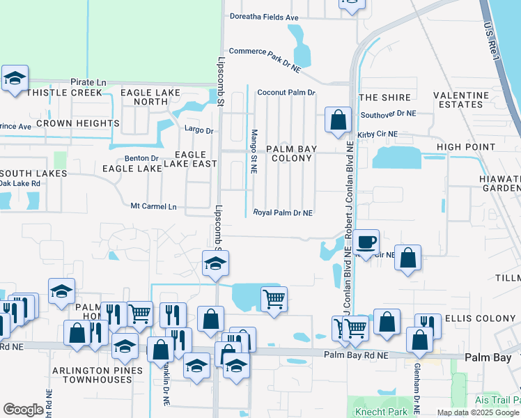 map of restaurants, bars, coffee shops, grocery stores, and more near 2313 Royal Palm Drive Northeast in Palm Bay