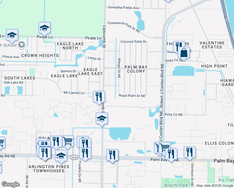 map of restaurants, bars, coffee shops, grocery stores, and more near 1724 Mango Street Northeast in Palm Bay
