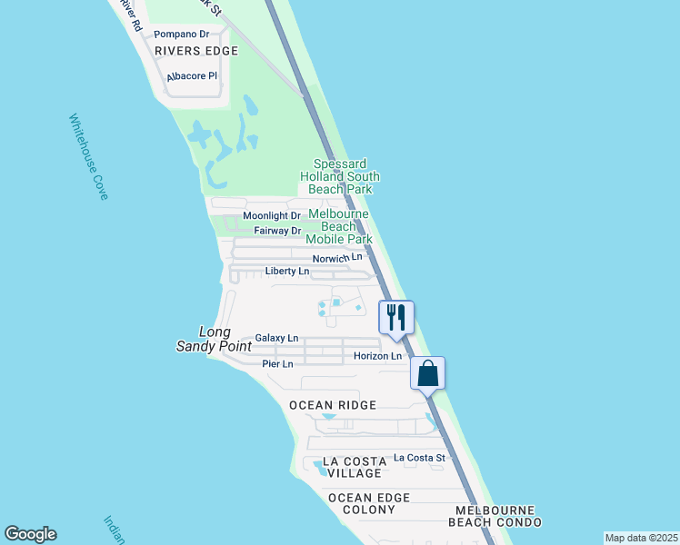 map of restaurants, bars, coffee shops, grocery stores, and more near 225 Liberty Lane in Melbourne Beach