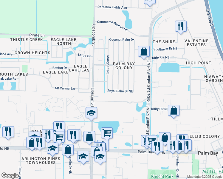 map of restaurants, bars, coffee shops, grocery stores, and more near 2313 Royal Palm Drive Northeast in Palm Bay