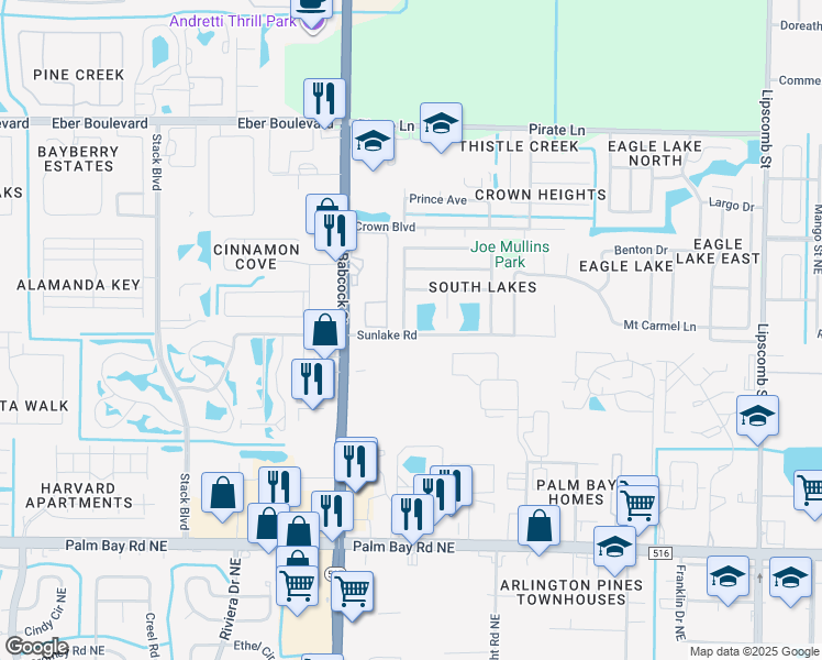 map of restaurants, bars, coffee shops, grocery stores, and more near 4381 Silver Lake Drive in Melbourne
