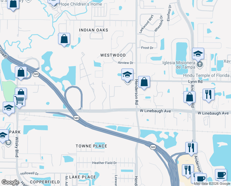 map of restaurants, bars, coffee shops, grocery stores, and more near 10123 Mowry Lane in Tampa