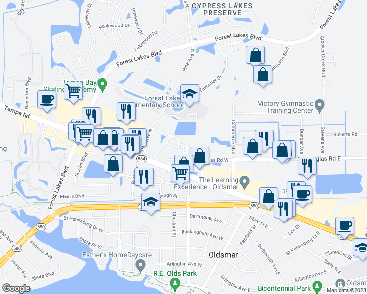 map of restaurants, bars, coffee shops, grocery stores, and more near Jetstar Lane in Oldsmar