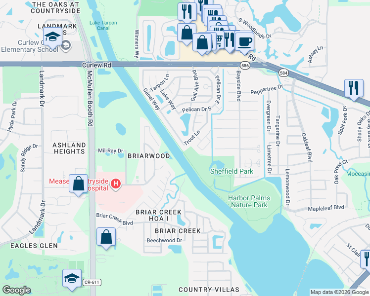 map of restaurants, bars, coffee shops, grocery stores, and more near 542 Trout Lane in Oldsmar