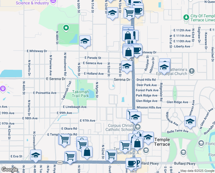 map of restaurants, bars, coffee shops, grocery stores, and more near 10314 Councils Way in Temple Terrace