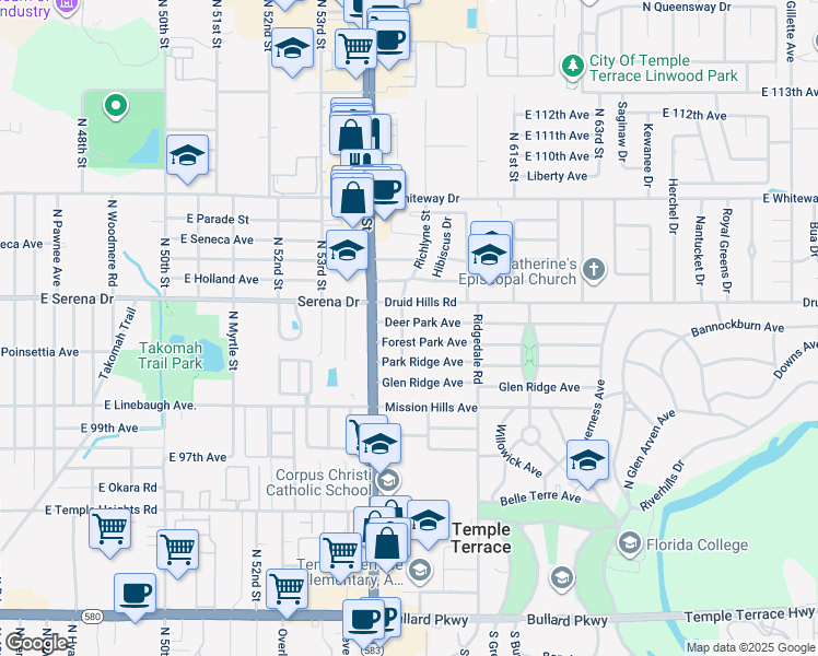 map of restaurants, bars, coffee shops, grocery stores, and more near 201 Deer Park Avenue in Temple Terrace