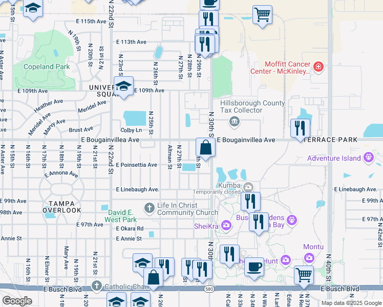 map of restaurants, bars, coffee shops, grocery stores, and more near 10209 North 28th Street in Tampa