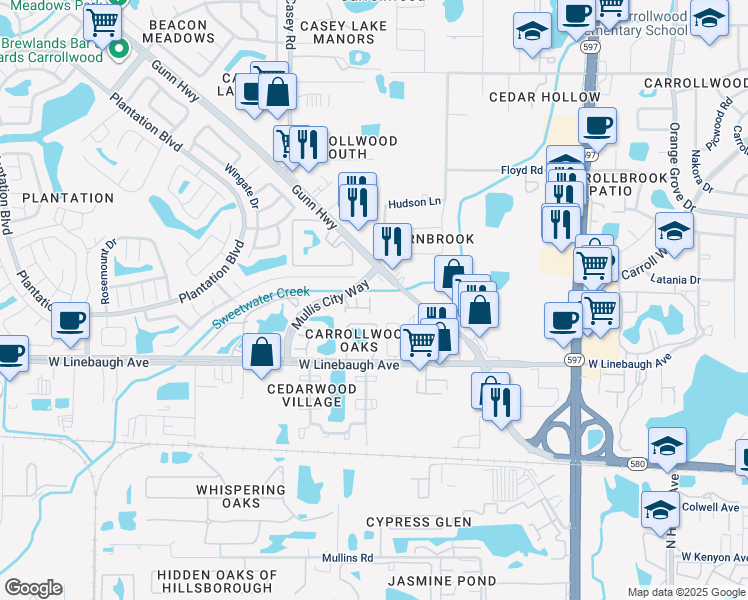 map of restaurants, bars, coffee shops, grocery stores, and more near 10117 Farmingdale Place in Tampa