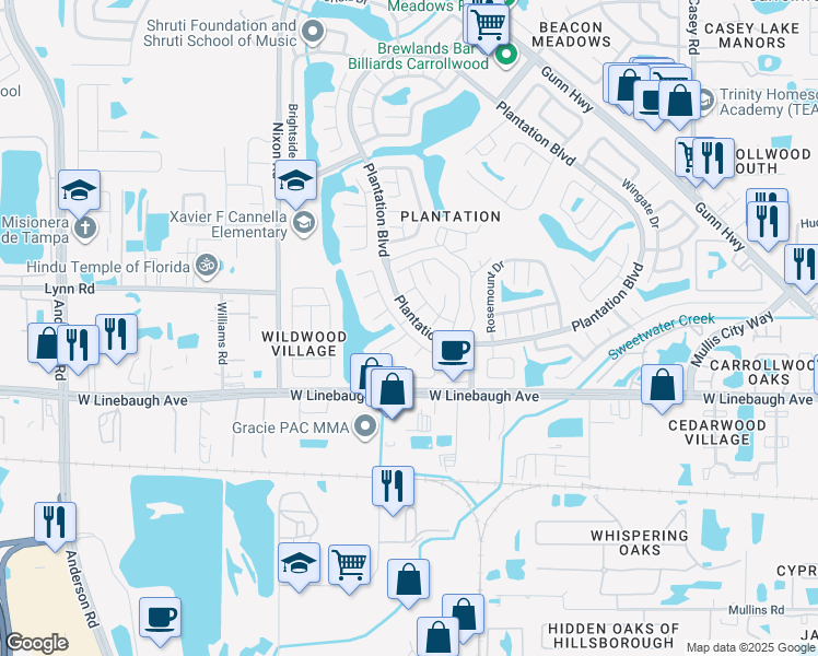 map of restaurants, bars, coffee shops, grocery stores, and more near 10397 Chadbourne Drive in Tampa