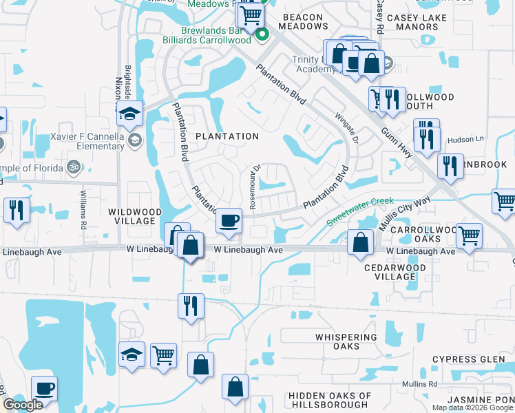 map of restaurants, bars, coffee shops, grocery stores, and more near 10305 Rosemount Drive in Tampa