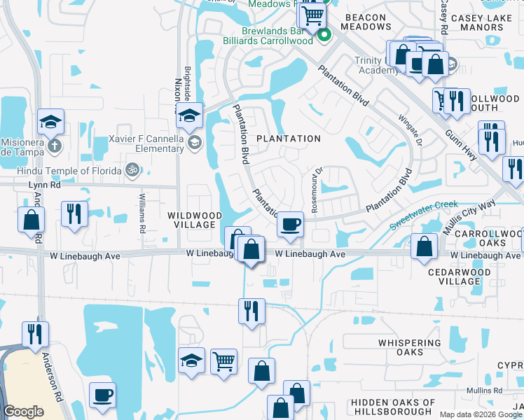 map of restaurants, bars, coffee shops, grocery stores, and more near 10397 Chadbourne Drive in Tampa