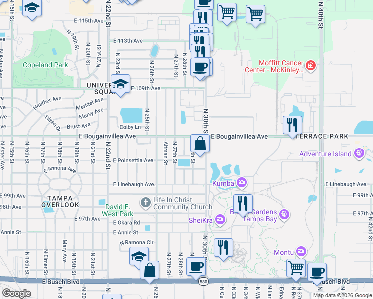 map of restaurants, bars, coffee shops, grocery stores, and more near 10209 North 28th Street in Tampa