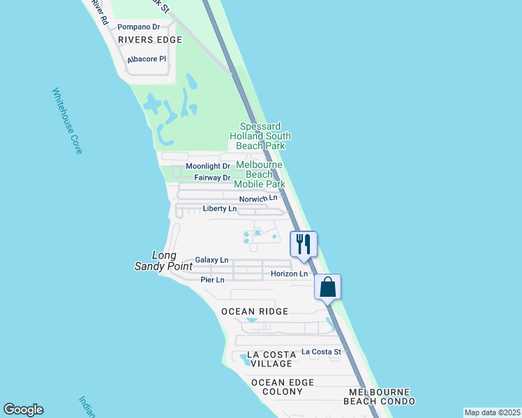 map of restaurants, bars, coffee shops, grocery stores, and more near 225 Liberty Lane in Melbourne Beach