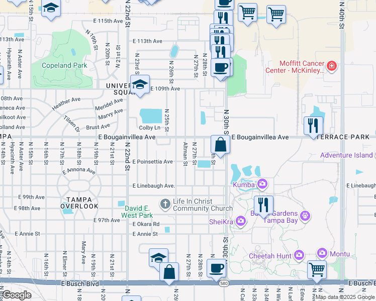 map of restaurants, bars, coffee shops, grocery stores, and more near 10209 Altman Street in Tampa