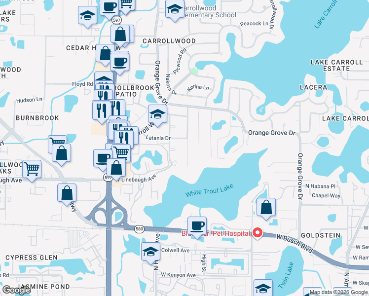 map of restaurants, bars, coffee shops, grocery stores, and more near 10024 Hampton Place in Tampa