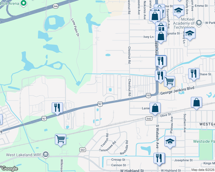 map of restaurants, bars, coffee shops, grocery stores, and more near 303 Alice Drive in Lakeland