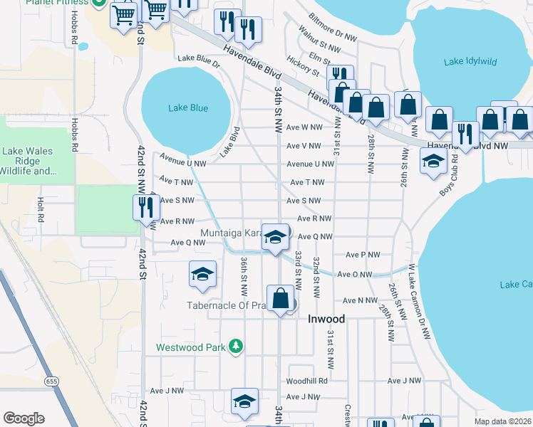 map of restaurants, bars, coffee shops, grocery stores, and more near 1820 34th Street Northwest in Winter Haven