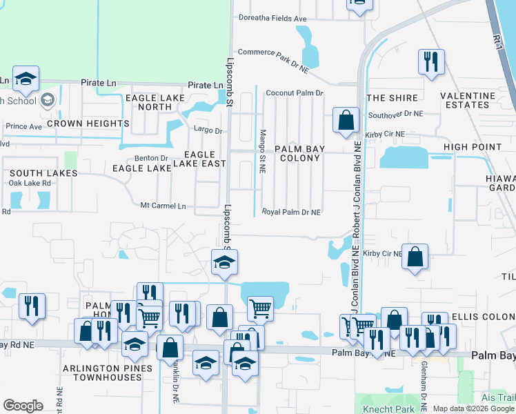 map of restaurants, bars, coffee shops, grocery stores, and more near 1724 Mango Street Northeast in Palm Bay
