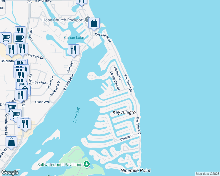 map of restaurants, bars, coffee shops, grocery stores, and more near 35 Mazatlan Drive in Rockport