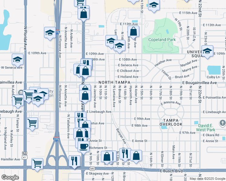 map of restaurants, bars, coffee shops, grocery stores, and more near 10112 North Lantana Avenue in Tampa