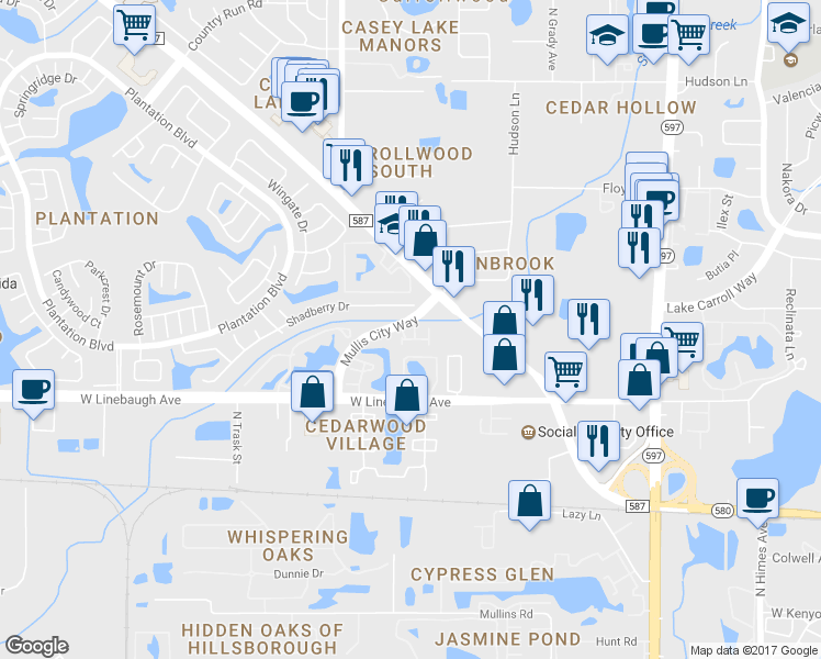 map of restaurants, bars, coffee shops, grocery stores, and more near 10110 Belleville Place in Tampa