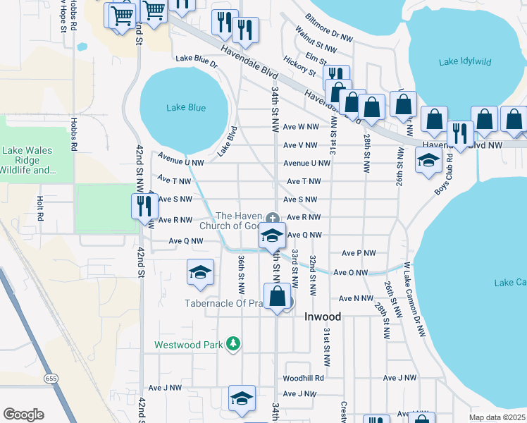 map of restaurants, bars, coffee shops, grocery stores, and more near 1820 34th Street Northwest in Winter Haven