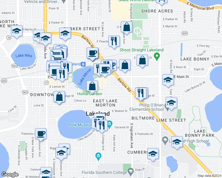 map of restaurants, bars, coffee shops, grocery stores, and more near 819 East Lemon Street in Lakeland