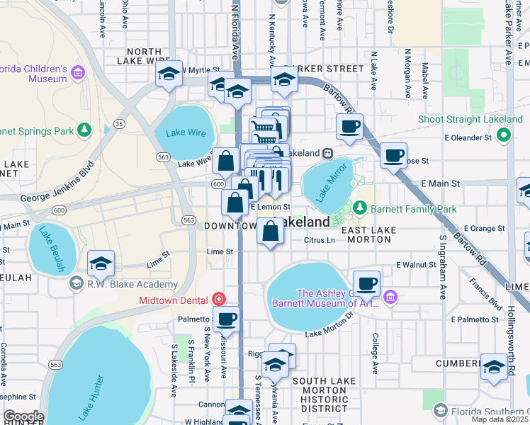 map of restaurants, bars, coffee shops, grocery stores, and more near 225 East Lemon Street in Lakeland