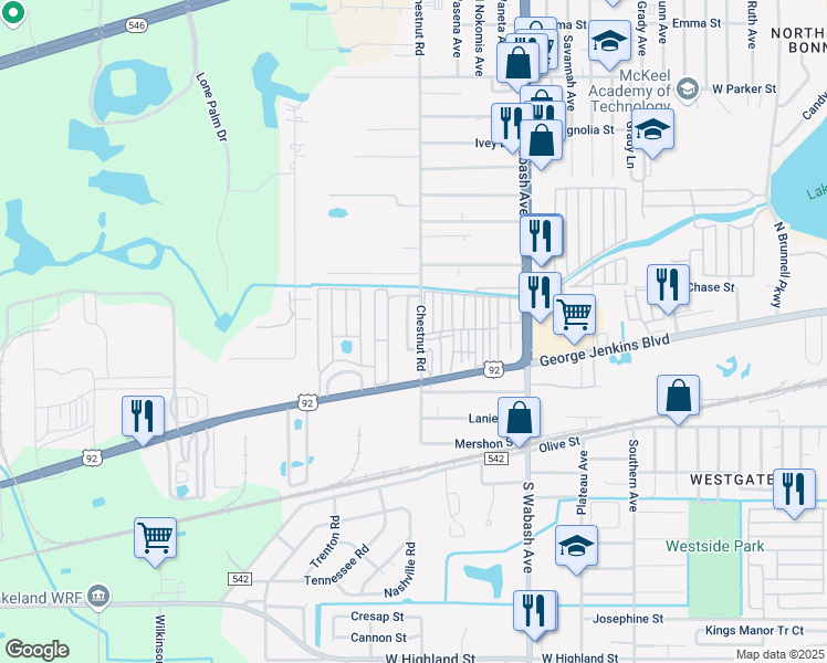 map of restaurants, bars, coffee shops, grocery stores, and more near 214 North Chestnut Road in Lakeland