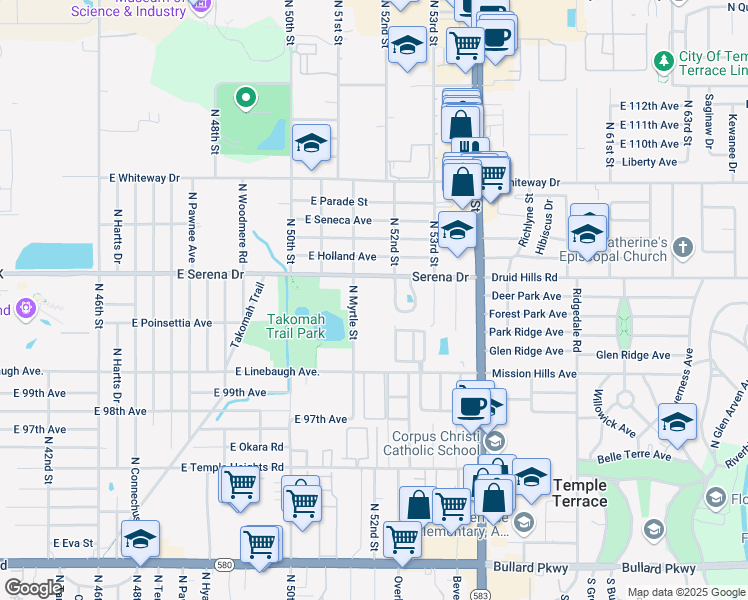map of restaurants, bars, coffee shops, grocery stores, and more near 10314 Councils Way in Temple Terrace