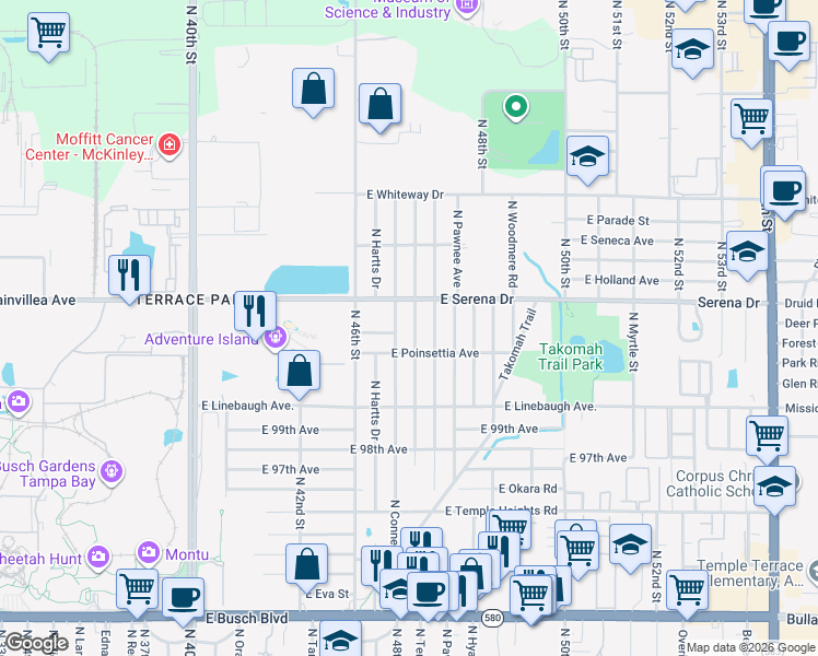map of restaurants, bars, coffee shops, grocery stores, and more near 4616 East Navajo Avenue in Tampa
