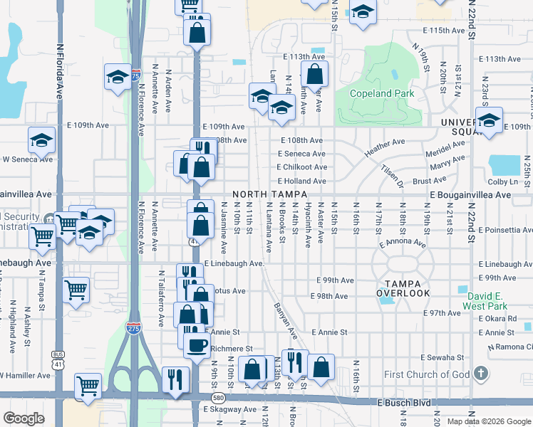 map of restaurants, bars, coffee shops, grocery stores, and more near 10109 North 11th Street in Tampa