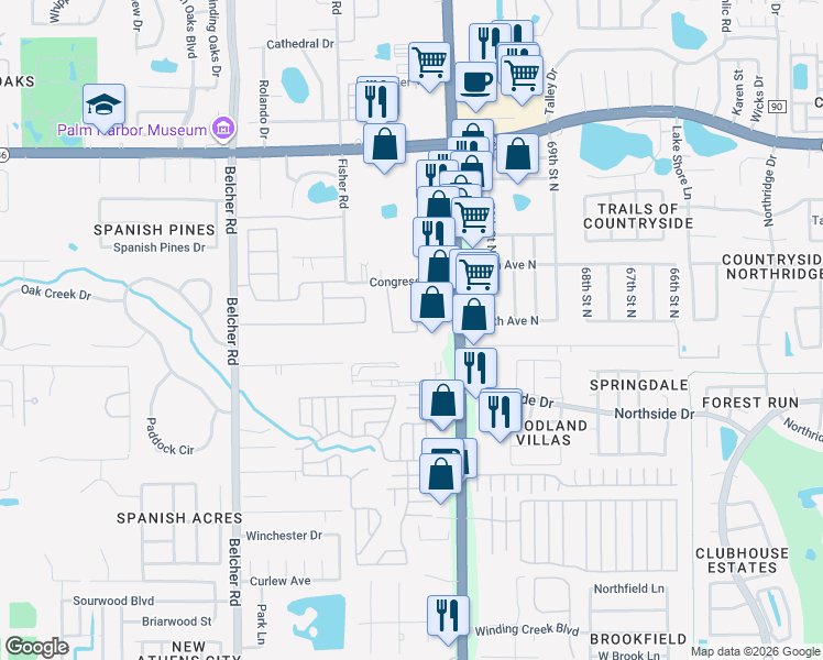 map of restaurants, bars, coffee shops, grocery stores, and more near 3292 Covered Bridge Drive East in Dunedin
