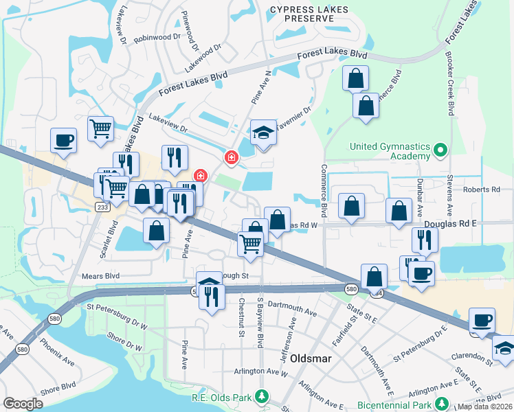 map of restaurants, bars, coffee shops, grocery stores, and more near 7 Hayes Road in Oldsmar