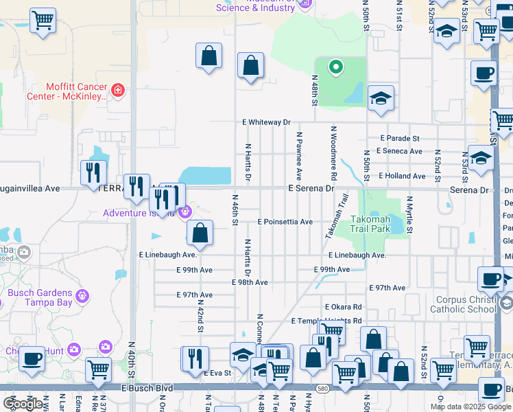 map of restaurants, bars, coffee shops, grocery stores, and more near 4616 East Navajo Avenue in Tampa