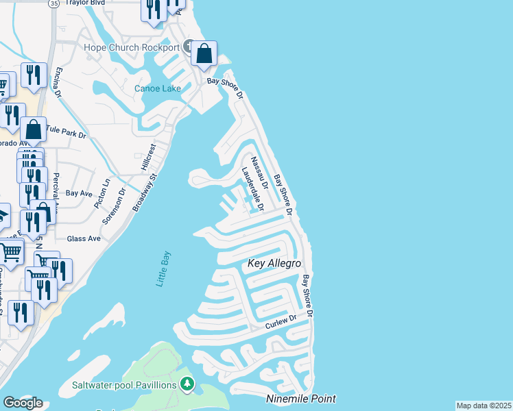 map of restaurants, bars, coffee shops, grocery stores, and more near 712 Lauderdale Drive in Rockport