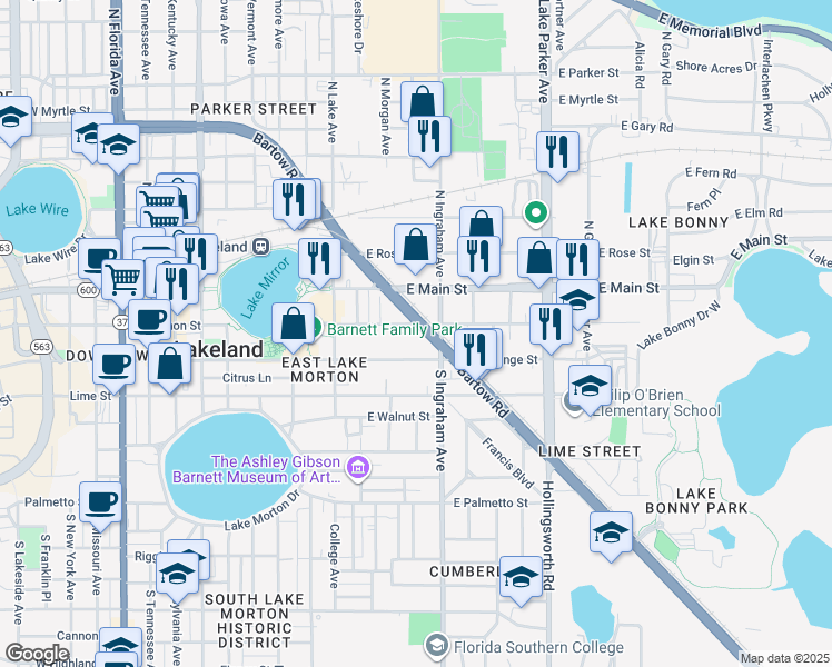 map of restaurants, bars, coffee shops, grocery stores, and more near 923 East Lemon Street in Lakeland