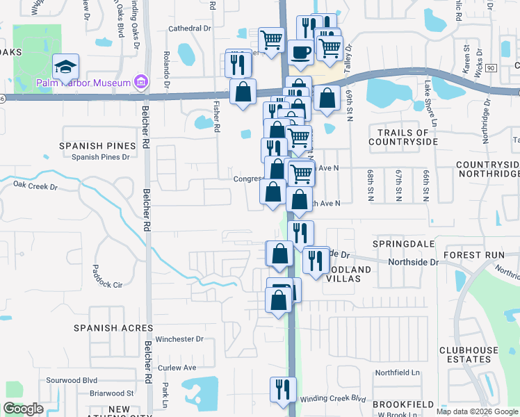 map of restaurants, bars, coffee shops, grocery stores, and more near 3292 Covered Bridge Drive East in Dunedin