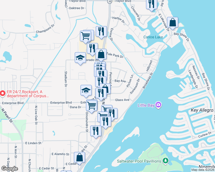map of restaurants, bars, coffee shops, grocery stores, and more near 1807 Highway 35 North in Rockport