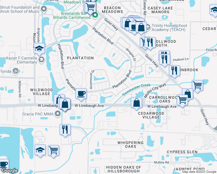 map of restaurants, bars, coffee shops, grocery stores, and more near 10469 Rosemount Drive in Tampa