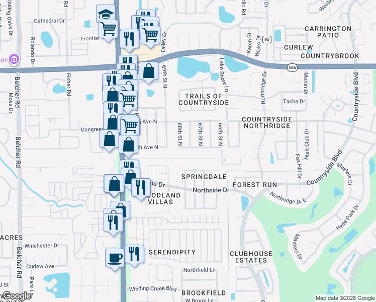 map of restaurants, bars, coffee shops, grocery stores, and more near 6756 297th Avenue North in Clearwater