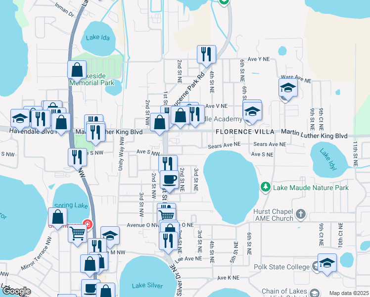 map of restaurants, bars, coffee shops, grocery stores, and more near 228 Sears Avenue Northeast in Winter Haven