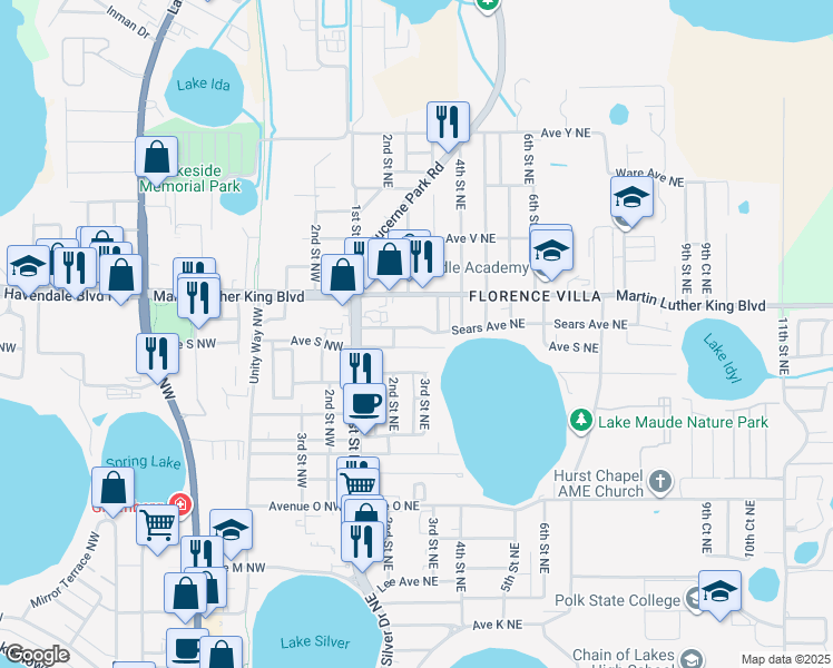 map of restaurants, bars, coffee shops, grocery stores, and more near 228 Sears Avenue Northeast in Winter Haven