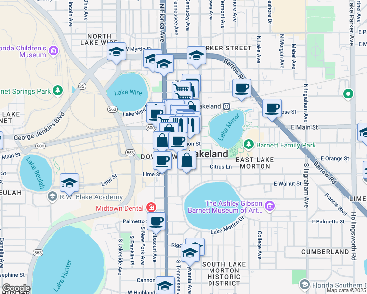map of restaurants, bars, coffee shops, grocery stores, and more near 225 East Lemon Street in Lakeland