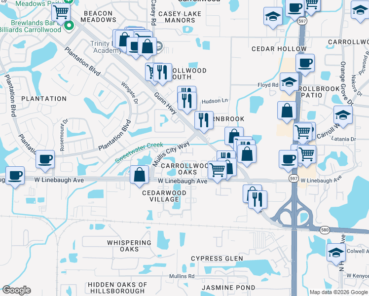 map of restaurants, bars, coffee shops, grocery stores, and more near 10110 Belleville Place in Tampa