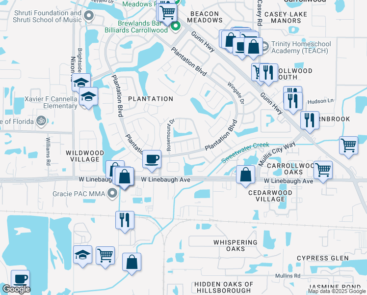 map of restaurants, bars, coffee shops, grocery stores, and more near 10302 Fernglen Place in Tampa